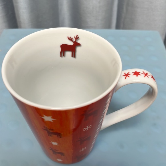 Tall 14 oz. Konitz Mug Reindeer Stars Snowflakes Red Orange White 4 7/8” Germany - Picture 3 of 10